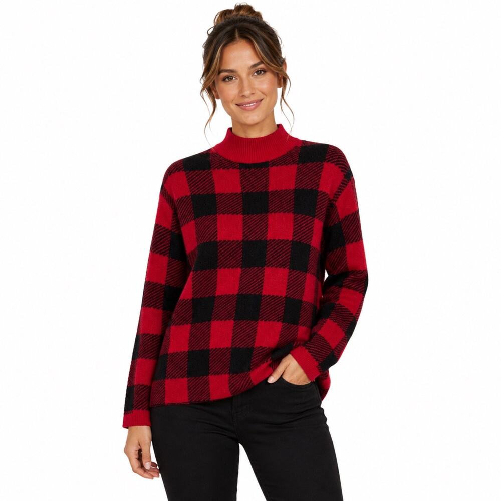 LOFT Red Black Buffalo Check Plaid Mock Neck Sweater Women's XS Wool Blend